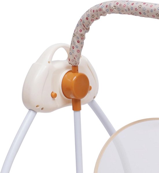 Detail van de bedieningsunit aan de zijkant van de elektrische babywieg met oranje knoppen.