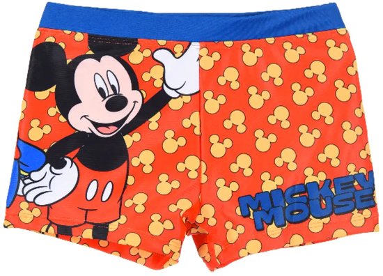 Oranje zwembroek met gele Mickey Mouse-patroon en een afbeelding van Mickey Mouse en 'Mickey Mouse'.
