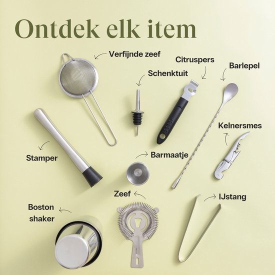 Overzicht van alle cocktailtools uit de Cocora set, met Nederlandse benamingen zoals 'Boston shaker' en 'Verfijnde zeef'.