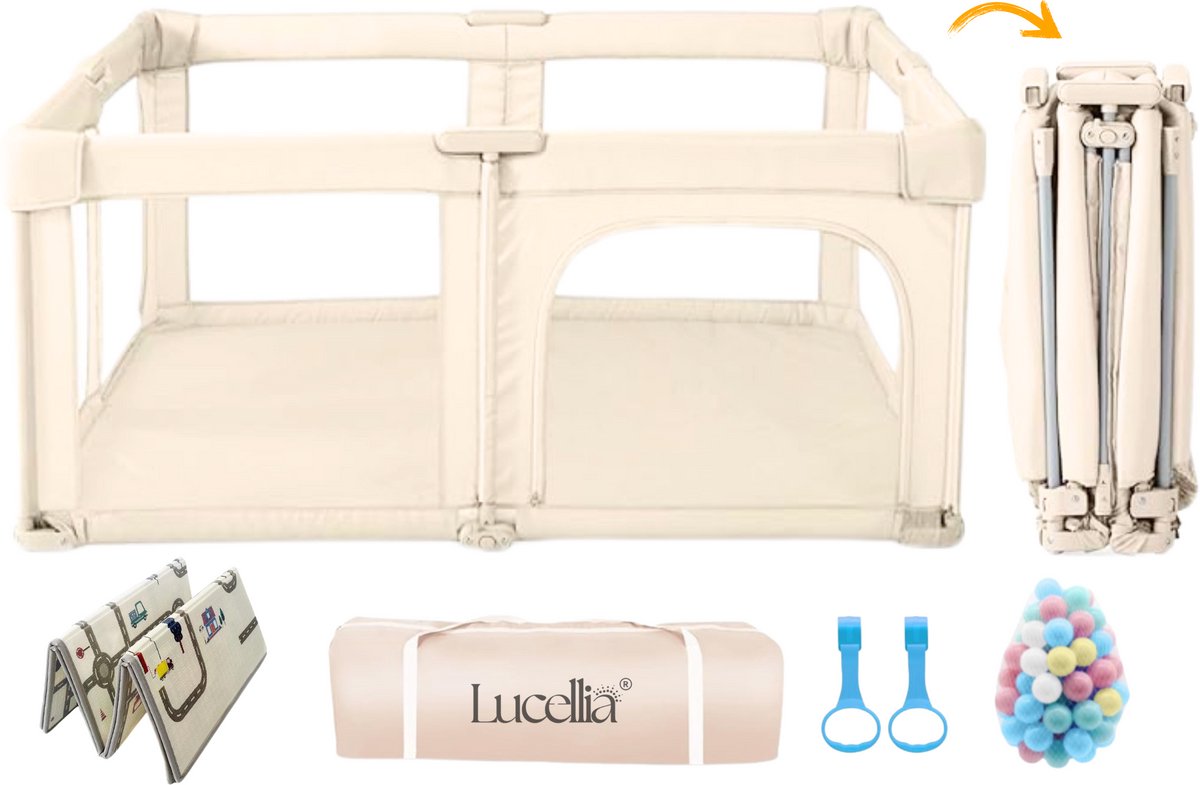 Lucellia® Grondbox Baby - Inklapbare Speelbox & Kinderbox – Inclusief Dubbelzijdige Speelmat + 50 Ballen – Met Draagtas & 2 Siliconen Optrekringen – Slim Kliksysteem Zonder Gereedschap – Beige – 130x130x69 cm