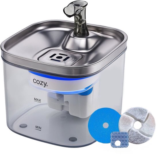 cozy.® Drinkfontein Kat Pro 2025 - Waterfontein Kat 2.0L - Kattenfontein - Waterbak Kat - Waterdispenser Kat - Muisstil & Automatisch - Inclusief Filter & Temp. Controle - Zomer - Anti knoei Drinkbak