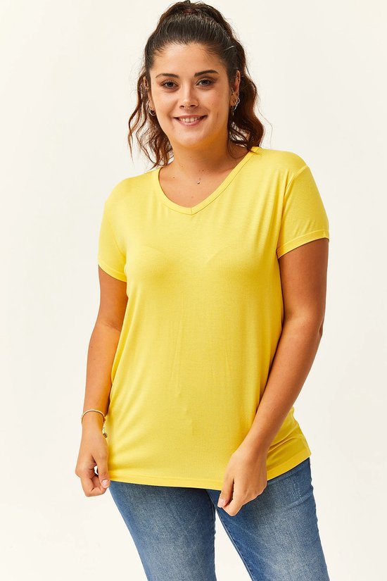 T-shirt Basic à manches courtes et col en V pour femme, taille 5XL, grandes tailles - Jaune