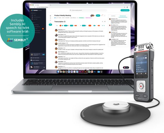 Laptop met een online vergadering en een Philips VoiceTracer recorder ernaast. Inclusief Semby AI spraak-naar-tekst software.