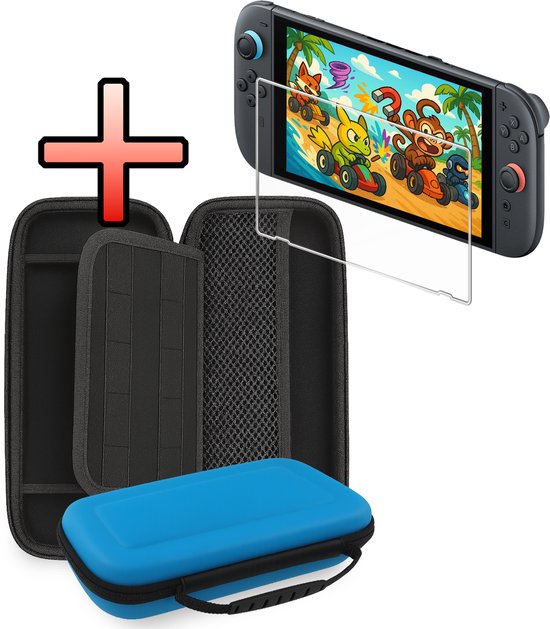 Zwarte Nintendo Switch-hoes met opbergvakken, een blauwe draagbare hoes en een screenprotector. Game-afbeelding met dieren in racewagens.