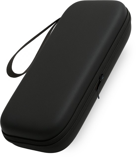 Zwarte, harde beschermhoes voor Nintendo Switch met polsbandje en ritssluiting.
