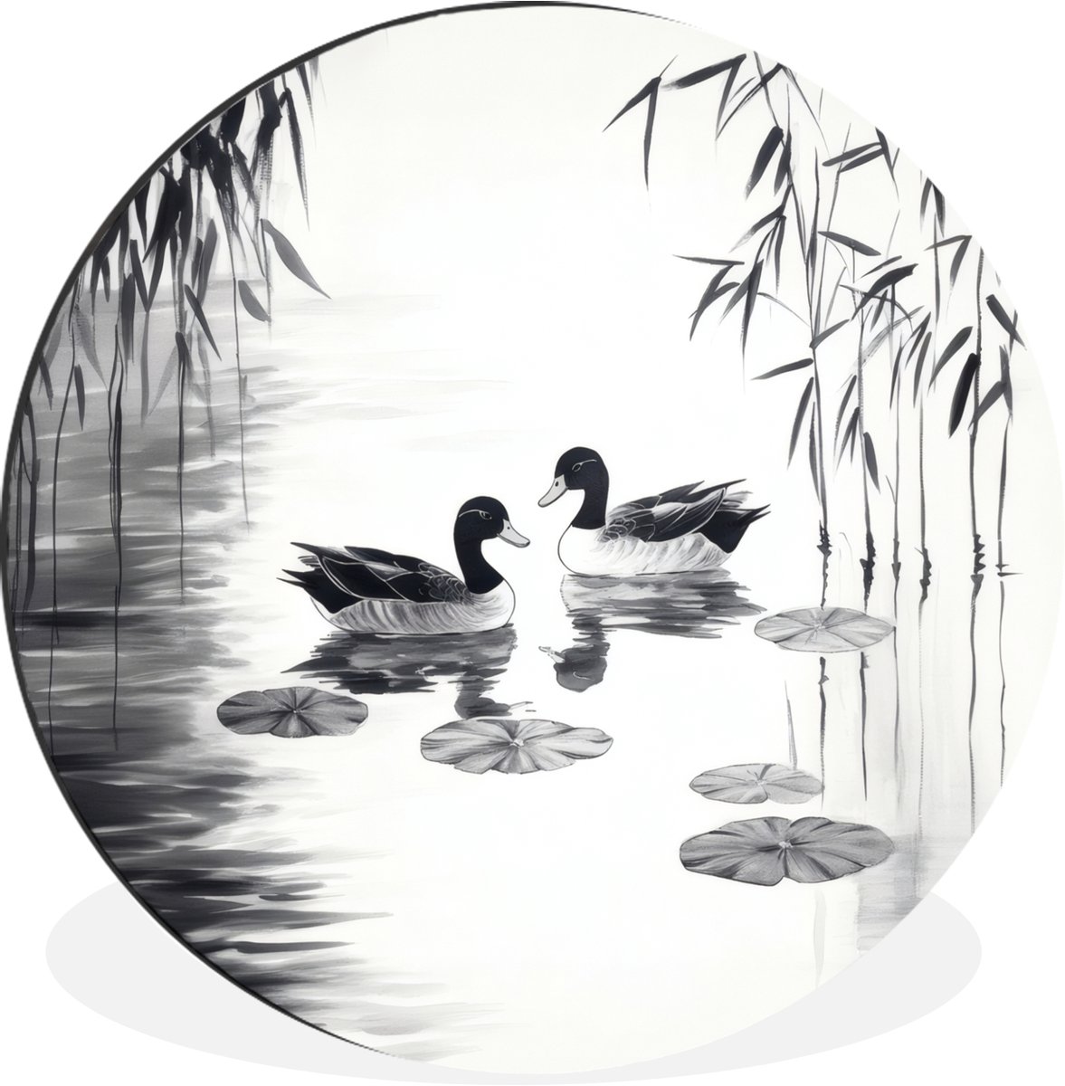 WallCircle Wandcirkel - Muurcirkel - Eenden - Waterlelies - Riet - Zwart - Aluminium - Dibond - 90x90 cm - Binnen en Buiten