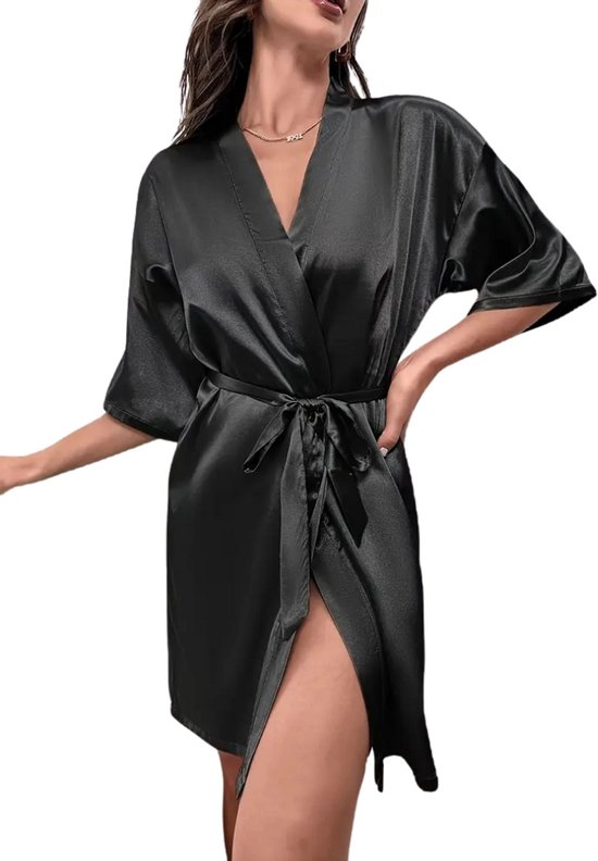 Livano Satijnen Badjas Dames - Kimono - Kamerjas - Satijn - Ochtendjas - Pyjama - Zwart - Maat L