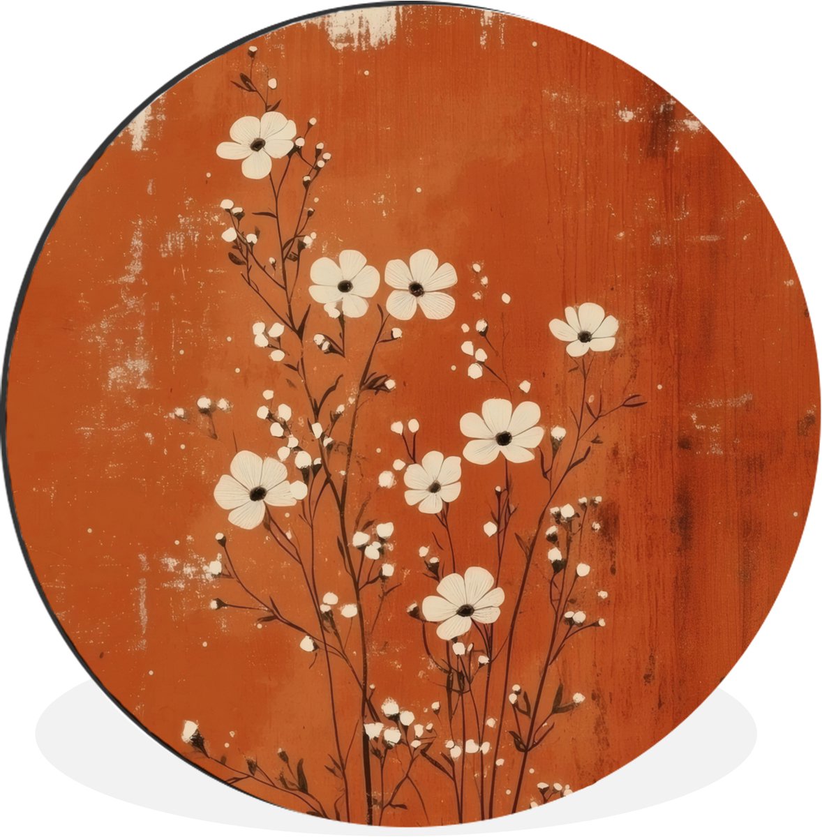 WallCircle Wandcirkel - Muurcirkel - Bloemen - Wit - Subtiel - Roestkleur - Aluminium - Dibond - 60x60 cm - Binnen en Buiten Bloem - Minimalistisch