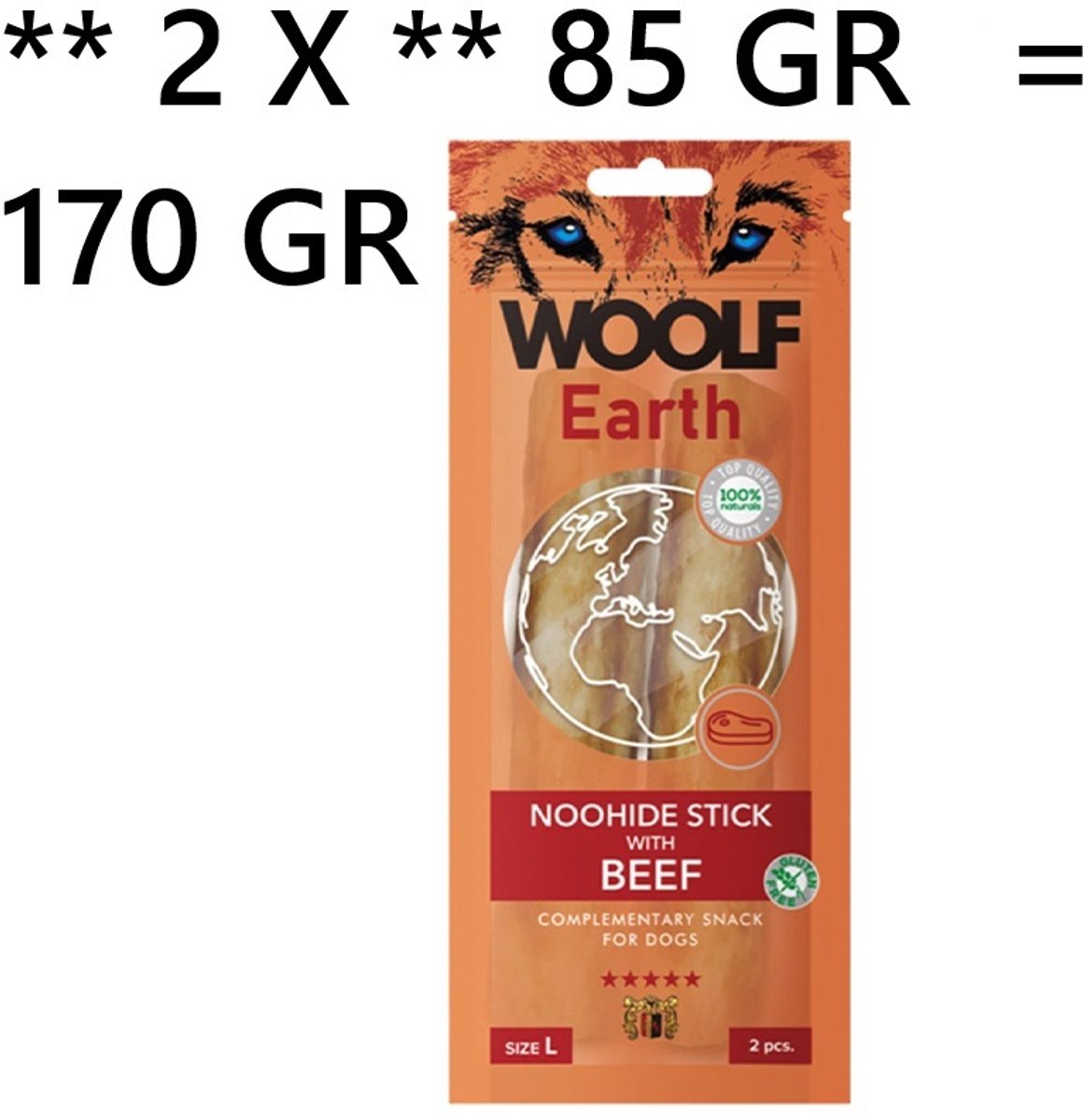 ** 2 x ** Woolf - Earth Noohide L stick met rund 85 gr = 170 gr - tand en tandvleesverzorgend - lekker voor uw hond