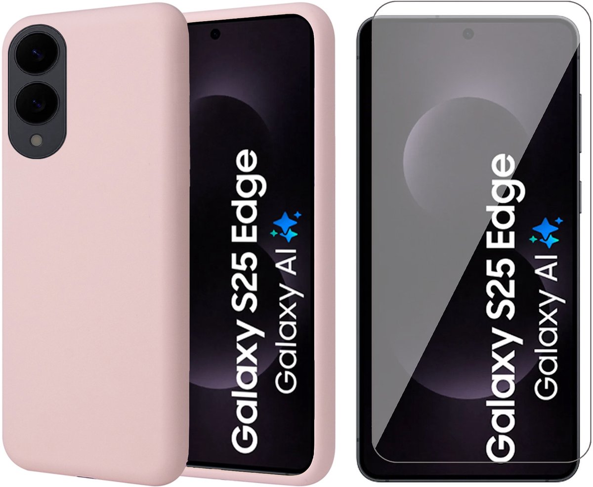 Hoesje geschikt voor Samsung Galaxy S25 Edge - Screenprotector Glas - Mat Back Case Roze