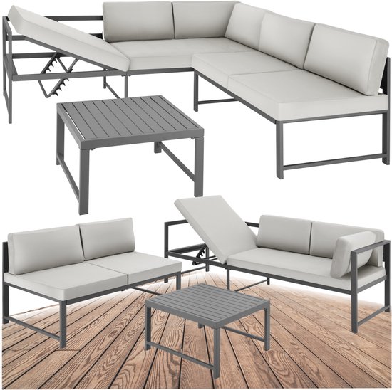 tectake®- aluminium zitgroep voor tuin en balkon - weerbestendig - 6-voudig verstelbare rugleuning - incl. tafel & zachte zit- en rugkussens - grijs
