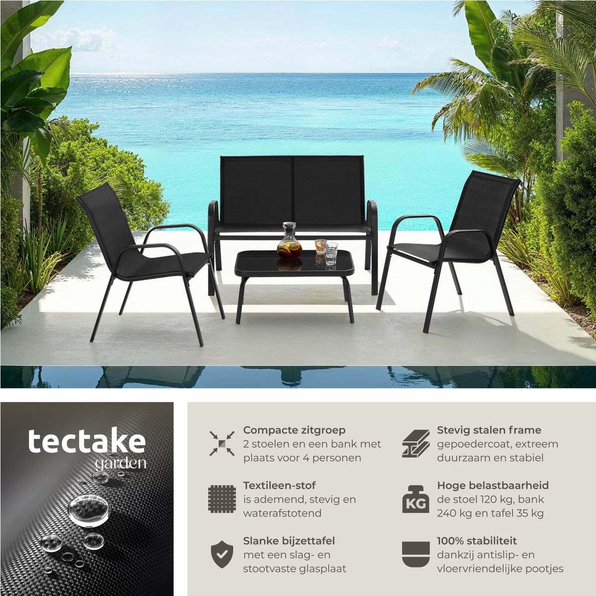 tectake® Tuinset Nora - Moderne Zitgroep voor 4 Personen - Loungeset met Tuinbank en 2 Tuinstoelen van Ademend, Waterafstotend Textileen-Weefsel - Balkonset Met Bijzettafel - Zwart – foto 3