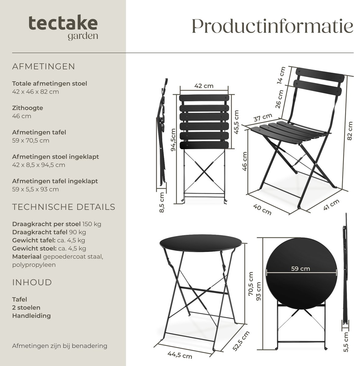 tectake® - Inklapbare bistroset voor 2 personen met stalen frame, tafel en tuinstoelen - Voor balkon en terras - Buitenset - Tuinset - Klaptafel en klapstoelen - elegant design - creme