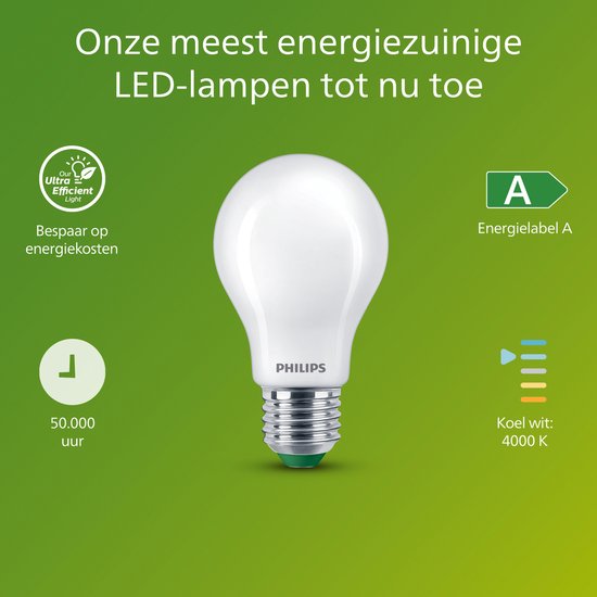 Een witte Philips LED-lamp, energiezuinig, 4000K koel wit licht, met energielabel A.