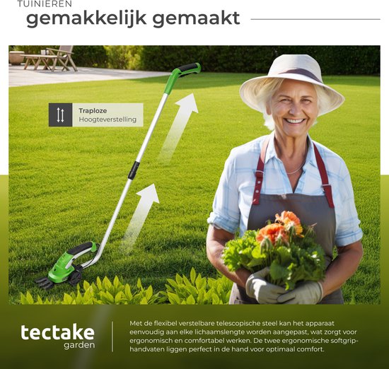 tectake® 2-in-1 Accu Heggenschaar - Buxusschaar en Grasschaar met Ergonomische Telescoopsteel en Wielen - Inclusief 7.2V Accu en Oplader - Voor Gras, Heggen en Struiken