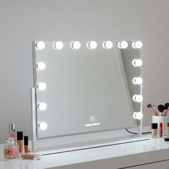 Bright Beauty® Make-up Spiegel met Verlichting – Hollywood Spiegel – 60×50 cm – 15 LED Lampen – 3 Lichtkleuren – Dimbaar – Smart Touch – Wit