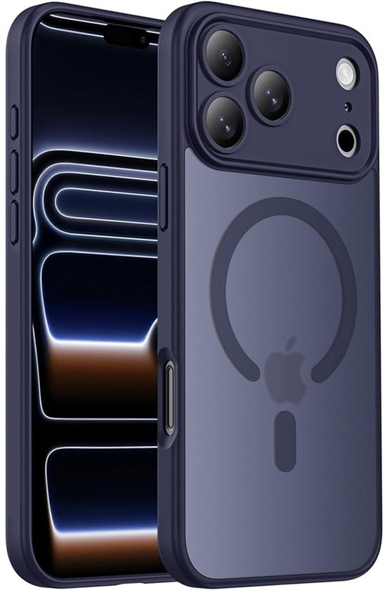 Donkerblauw TPU hoesje voor iPhone 17 Pro met frosted look en MagSafe compatibiliteit.