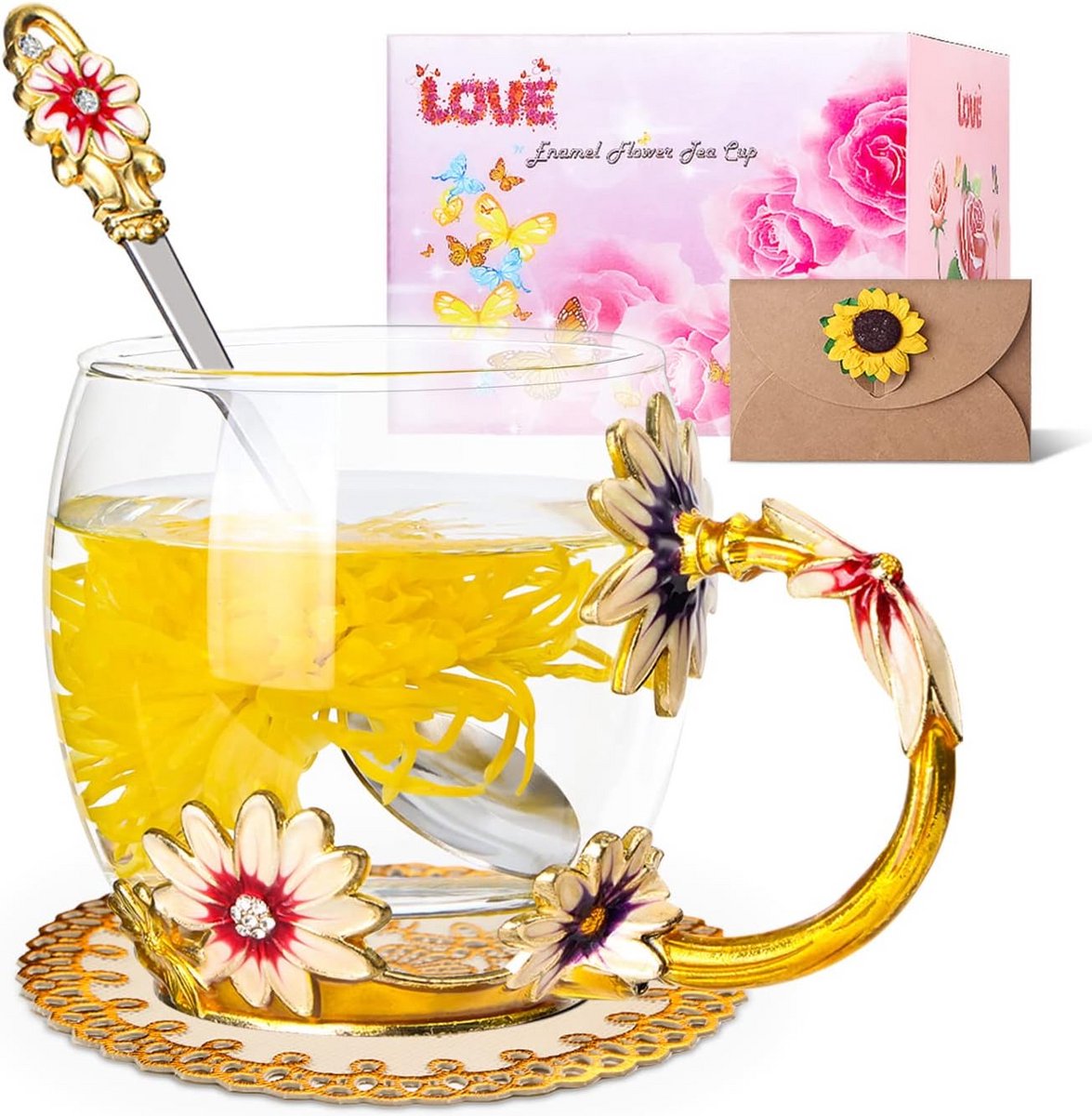 Bloemen Theemok met Lepel en Cadeaubon - Uniek Geschenk voor Vrouwen