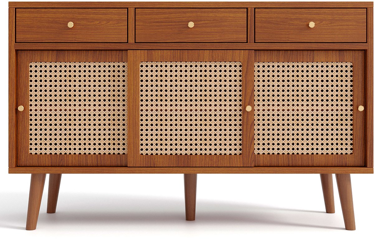 Dressoir, ladekast met 3 laden en 3 schuifdeuren, rotan vlechtwerk op de deurfronten, massief houten poten, gouden metalen handgreep, verstelbare planken, walnootkleur, 120 x 40 x 78 cm