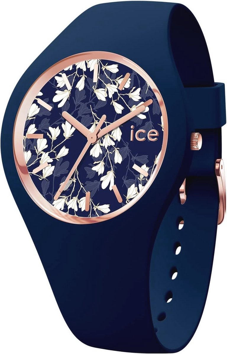 Elegante blauwe bloemenhorloge met silicone band