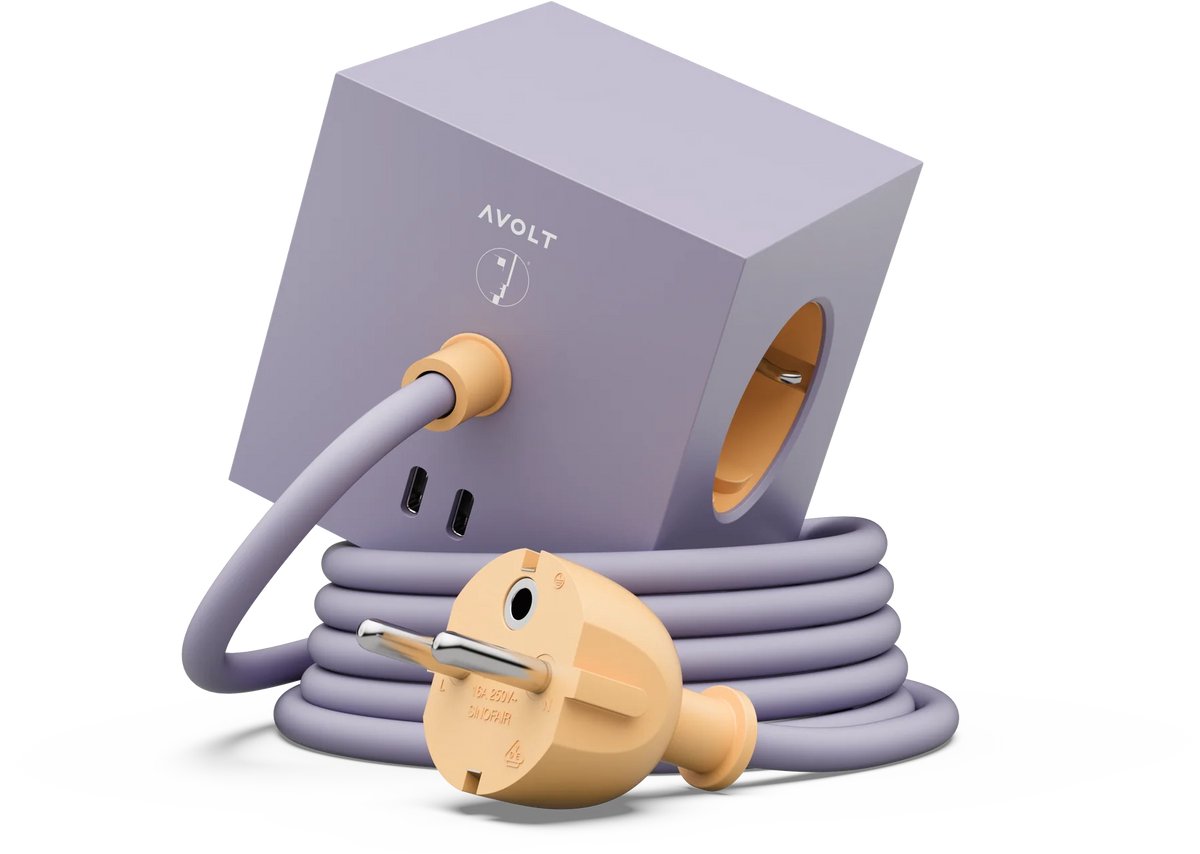 Avolt - Square 1 - Design stekkerdoos met USB-C - kable 1.8m - Bauhaus Lavender glow