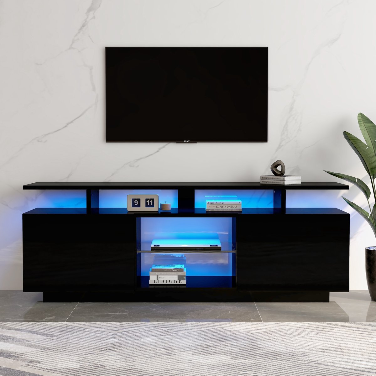 STILVORA TV-Meubel - Zwart Met 16-Kleur LED En Hoogglans Deuren - 2 Deuren En 5 Open Vakken - USB-Aangedreven Voor 60 Inch TV - Spaanplaat - 140x35x55 cm