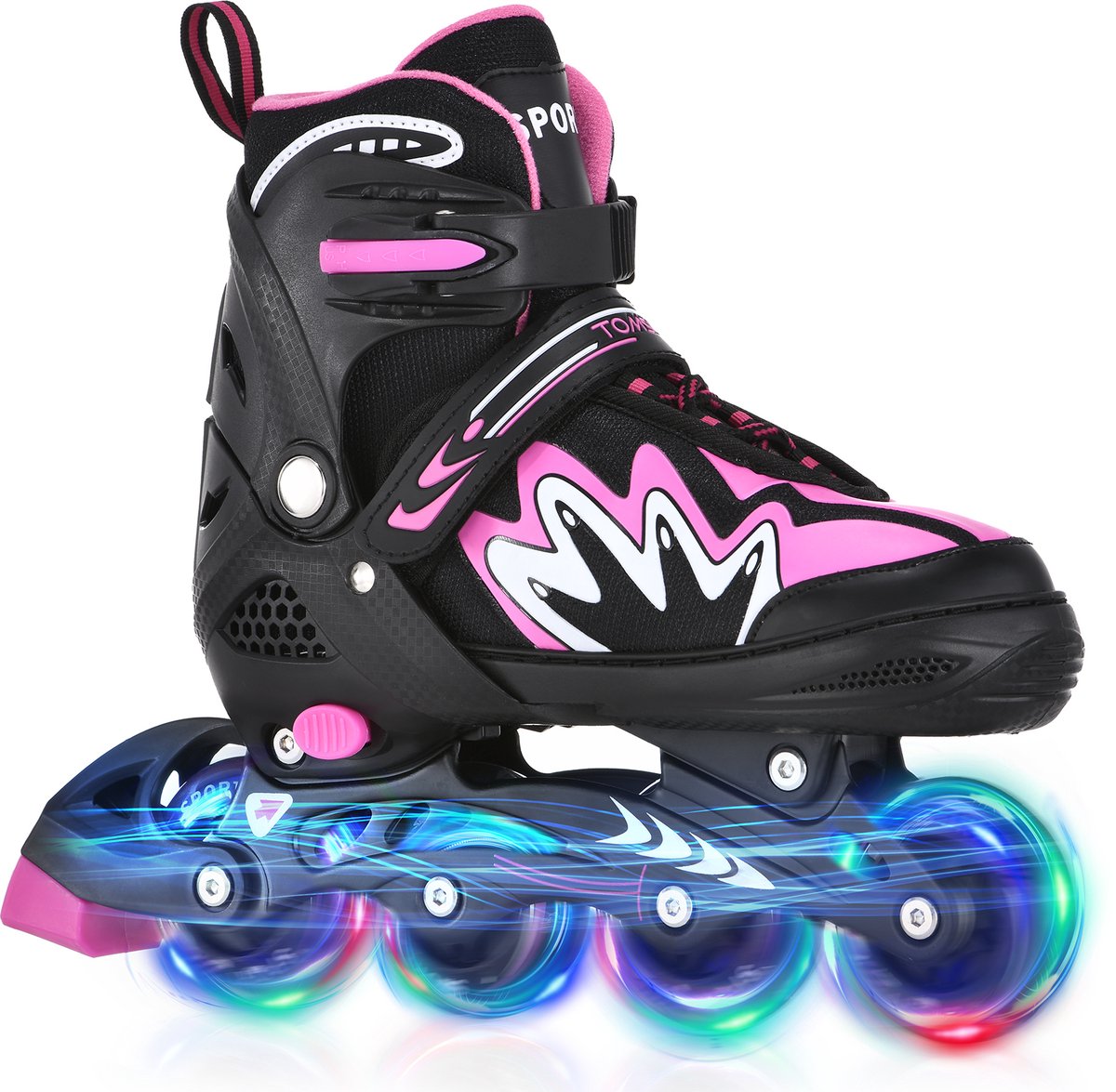 Verstelbare Inline Skates voor Kinderen – Met Lichtgevende Wielen – Voor Jongens en Meisjes – Veilig Drievoudig Sluitingssysteem – Aluminium Frame – ABEC-7 Lagers – Roze&Zwart – Maat M (35-38)