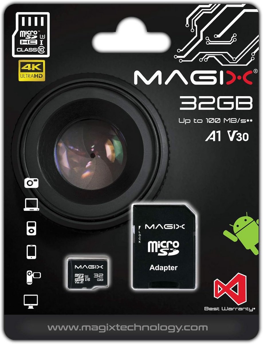 MicroSD-kaart 4K Serie Class10 V30 32GB met SD Adapter - Leessnelheid tot 100 MB/s