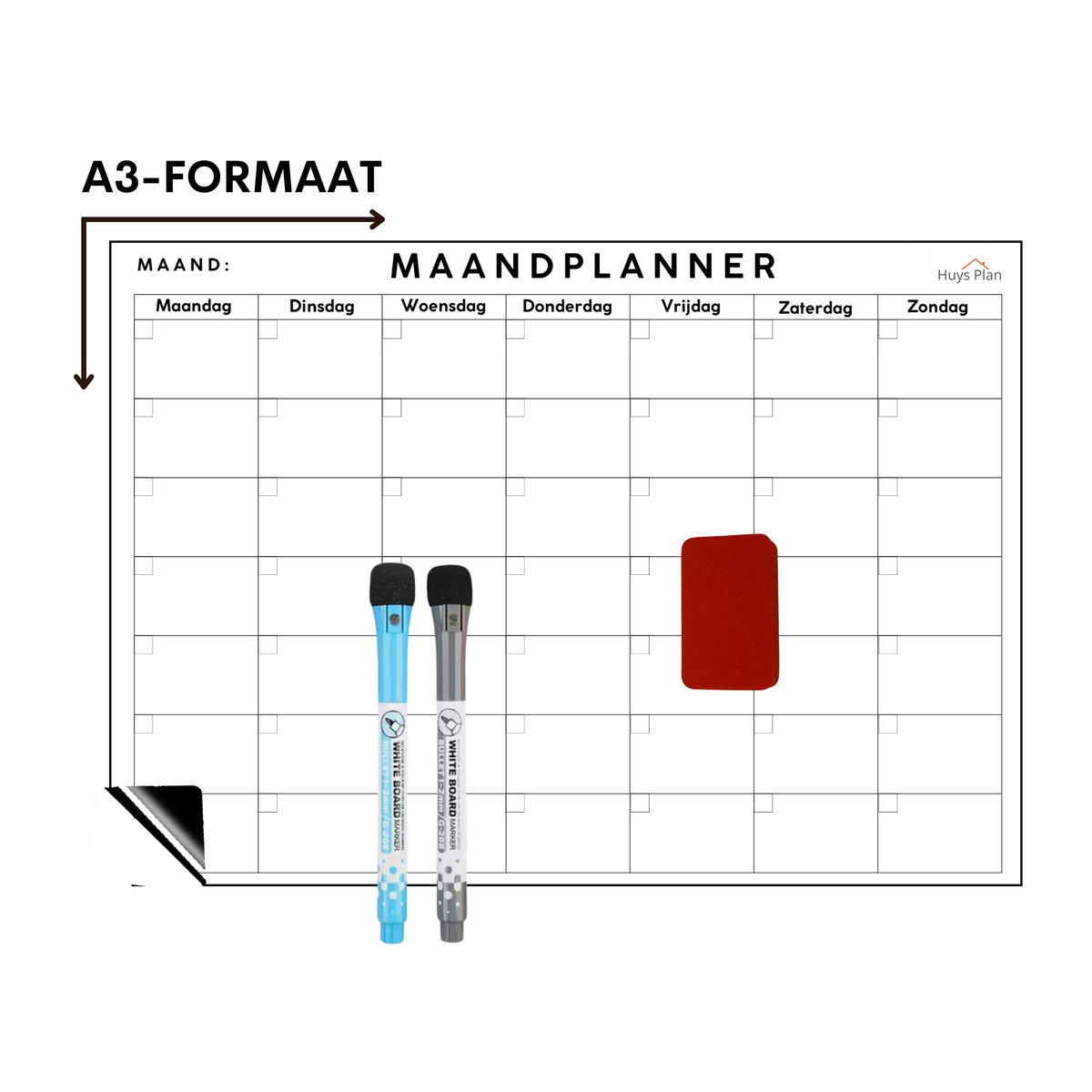 Huysplan® Magnetische maandplanner - Whiteboard Planbord A3 - Goed verpakt & inclusief 2 Stiften en Wisser