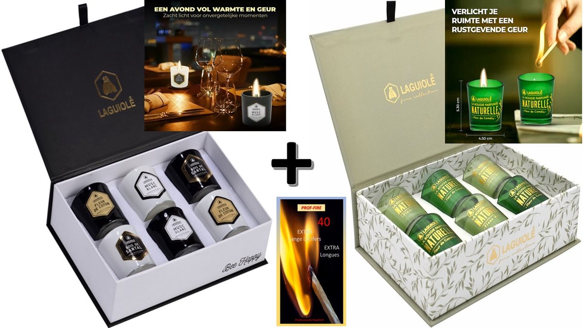 Laguiole Geschenkset Geurkaarsen- 1X Geschenkdoos 6 Geurkaarsen Naturel (Camelia + Vlas) & 1X Geschenkdoos 6 Geurkaarsen (Fleur de Cotton - Bois de Santal - Musc blanc) + 1 Doos Extra Lange Lucifers 40 Stuks / 20 cm Lang
