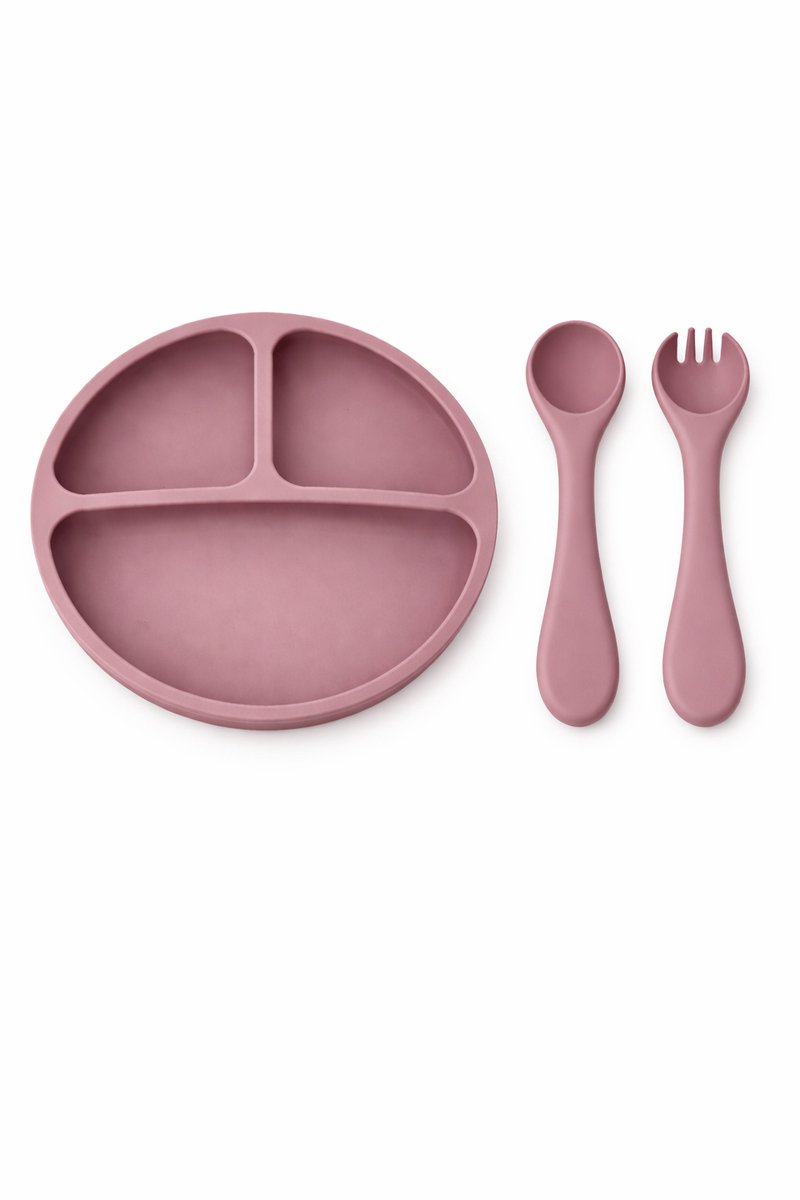 LEO Baby serviesset met Zuignap Incl. Lepel & vork - Kinderbord, Babybord, Kinderservies, Baby Servies, Babybestek - 100% Siliconen - Magnetron, Oven, Vriezer en Vaatwasserbestendig - Dusty Roze