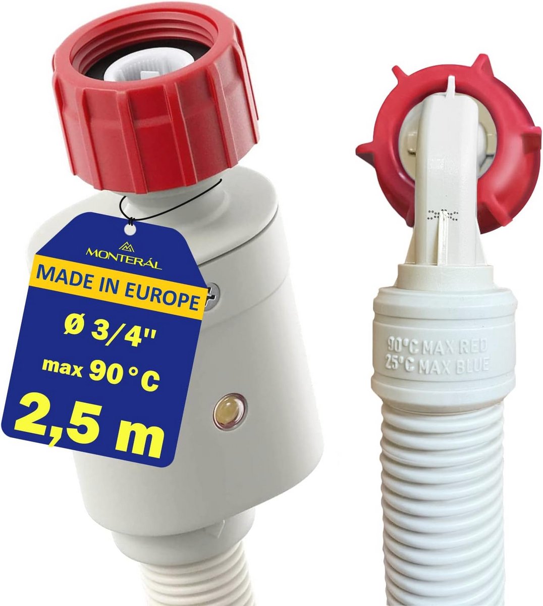 Veilig Water Afvoerslang voor Wasmachine en Vaatwasser - 2,5 m, 90 °C, Met Rechte en Bochtige Veiligheidsklep, Diameter 3/4 inch, 10 Jaar Garantie