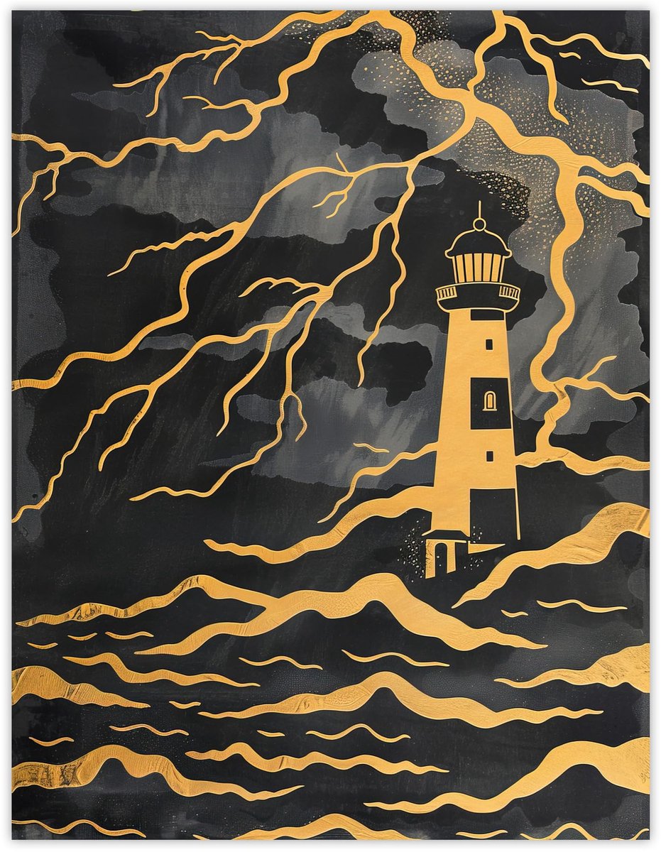 Unyqoos Luxe muurposter met vuurtoren en bliksem in goudtinten voor badkamerdecoratie, zwart-goud