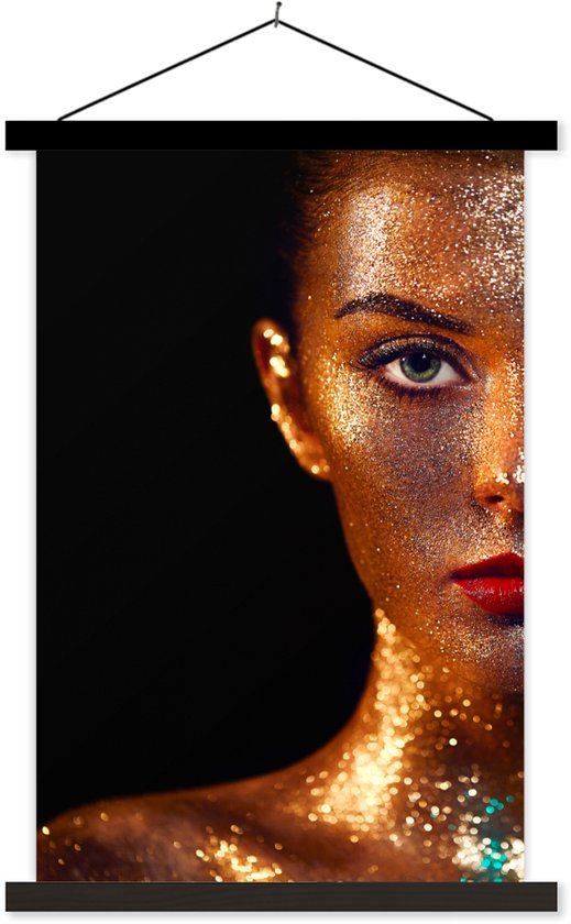 Posterhanger incl. Poster 120x180 cm - Schoolplaat - Make up - Goud - Vrouw - Luxe - Glitter - Kunst - Textielposter - Zwarte latten