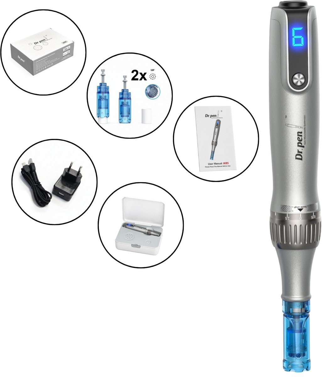 Dr. Pen M8S Draadloze Dermapen Microneedling Apparaat voor Huidverbetering, Acne Littekens, Rimpels en Haaruitval, Instelbare Naalddiepte 0-2,5 mm, 6 Snelheden, Inclusief 2 Cartridges, Professioneel, Origineel via MedAes Europe