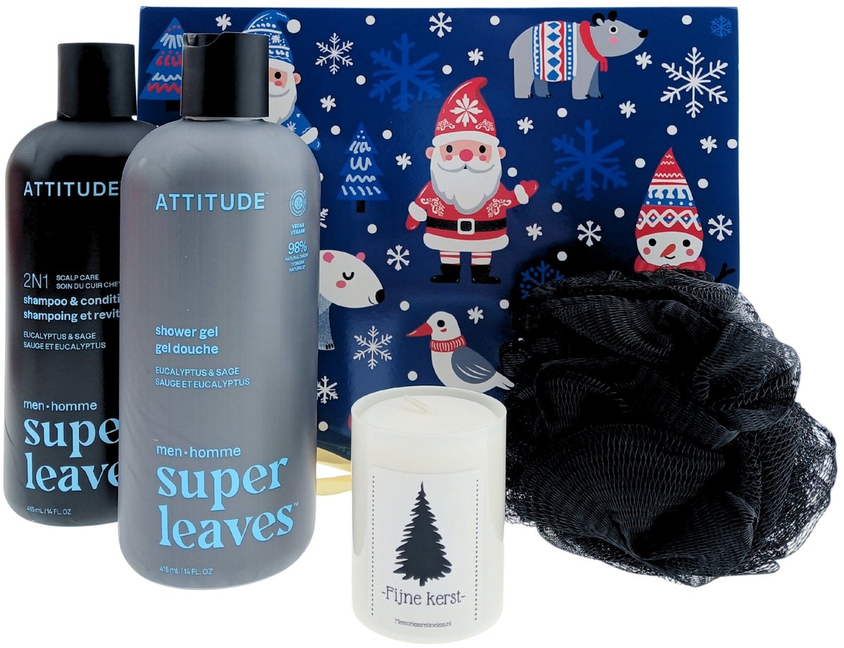 Attitude Men Kerst Cadeauset – 4-delig – 2-in-1 Shampoo/Conditioner + Shower Gel + Kerstkaars + Puff – Cadeau voor hem