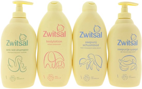Vier Zwitsal babyproducten met gele pompdopjes: anti-klit shampoo, bodylotion, zeepvrije schuimbad en zeepvrije wasgel.
