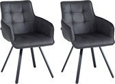 Twee antracietkleurige eetkamerstoelen met armleuningen en zwarte metalen poten.