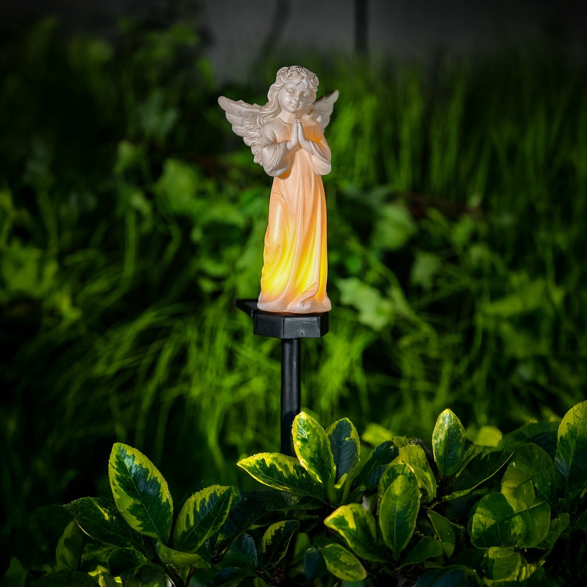 Solar Tuinbeeld Biddende Engel – Warm Wit LED – Tuinsteker op Zonne-energie – Resin – 49 cm - 1 Stuks [13002A]