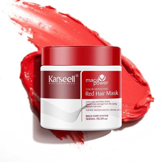 Pot Karseell Maca Power Kleurafzettend Rood Haarmasker met rode crème.