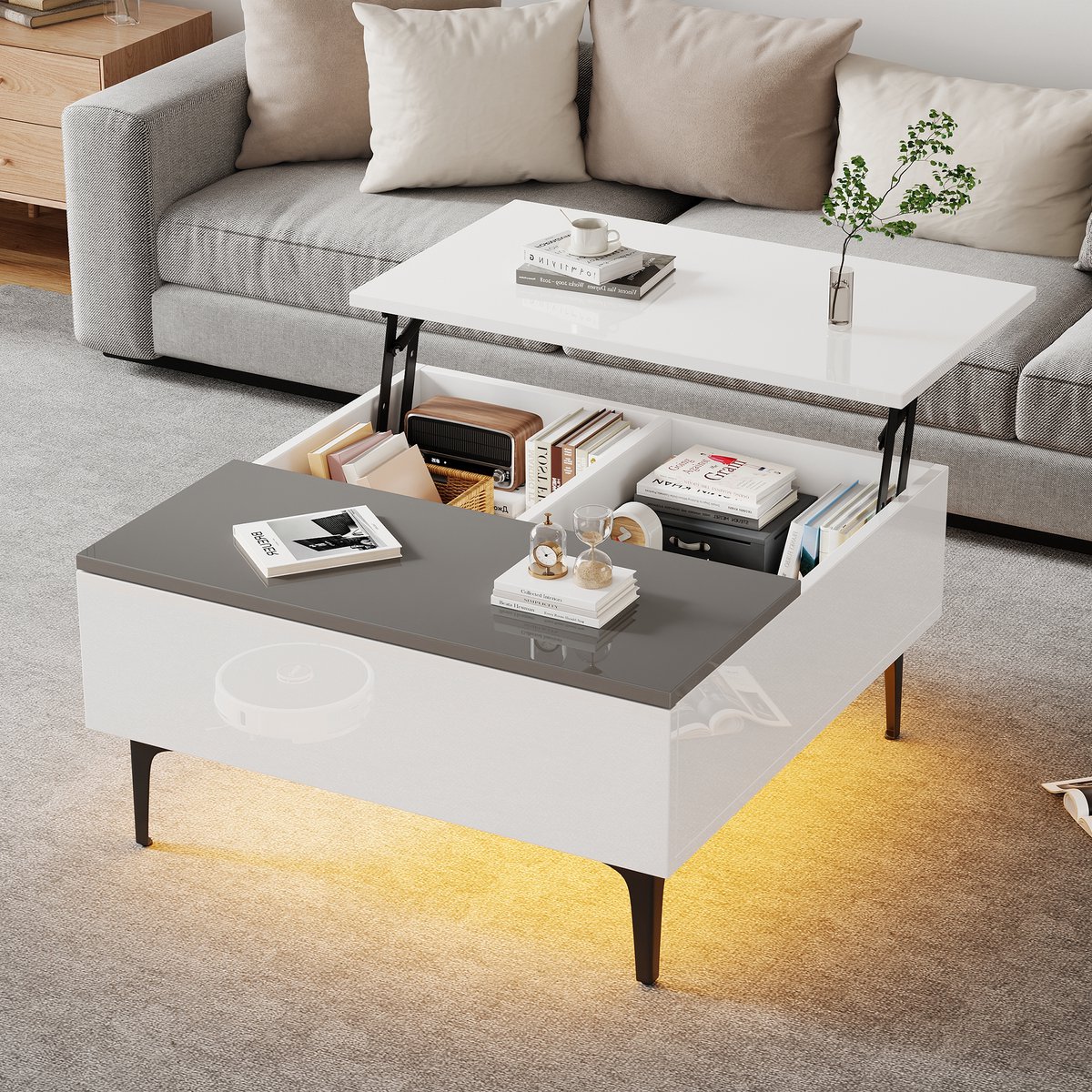 OKWISH Salontafel – Hoogteverstelbaar tot 48,5 cm – Met App-LED – Verborgen Dubbele Opbergruimte en Push-Pull Lade – Hoogglans MDF Wit+Grijs – 70x70x35 cm