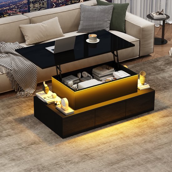 OKWISH Table Basse – Réglable 100×50×40 cm – Fonction de Levage Jusqu'à 55 cm – 4 Tiroirs – Avec LED-Contrôle par App – Brillant Noir+Noyer MDF – Avec Espace de Rangement