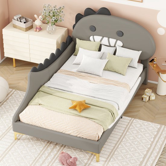 Wishdor - Bed - PU en MDF met lattenbodem - Dinosaurus hoofdeinde voor kinderkamer - 90x200 cm grijs