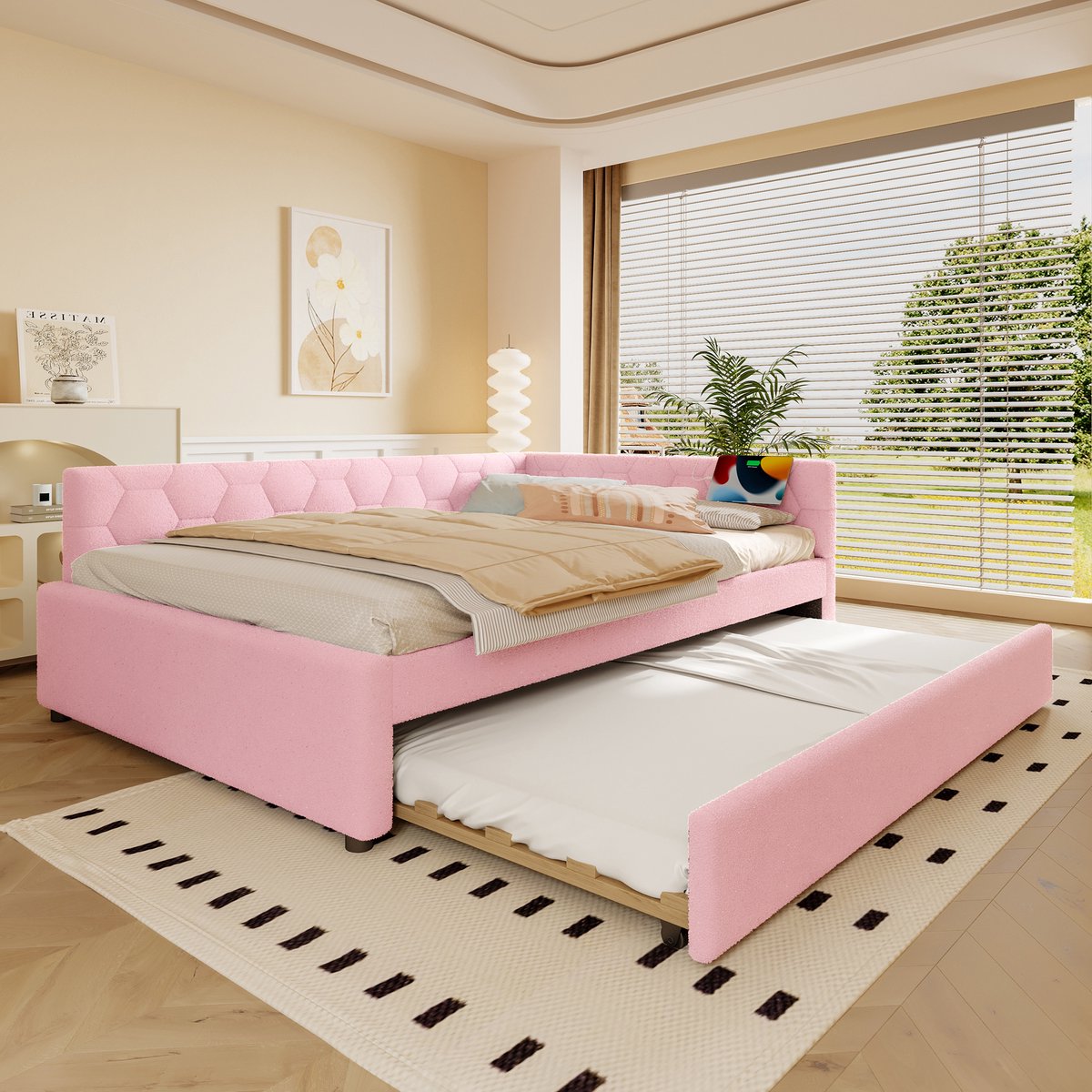 REDOM - Bed - Vliesimitat & MDF-constructie - Multifunctioneel uittrekbaar ontwerp - 140x200 cm roze