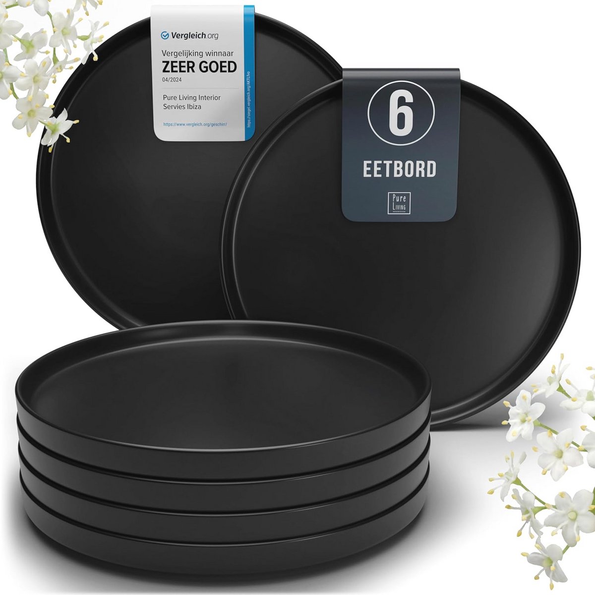 Set van 6 Zwarte Dinerteller - Premium Stoneware Voor 6 Personen - Vaatwasser- en Magnetronbestendig