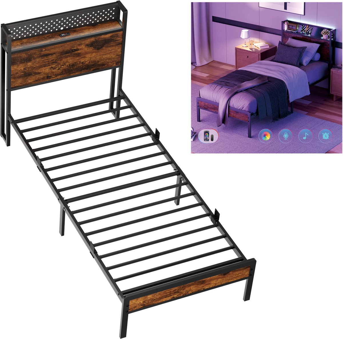 KUTAS Eenpersoonsbed 90x200 cm - Jongerenbed - Heavy Duty Metalen Bedframe - Met LED Verlichting - Stopcontacten - USB Poorten - Type C - Hoofdbord met Opbergruimte Zwart