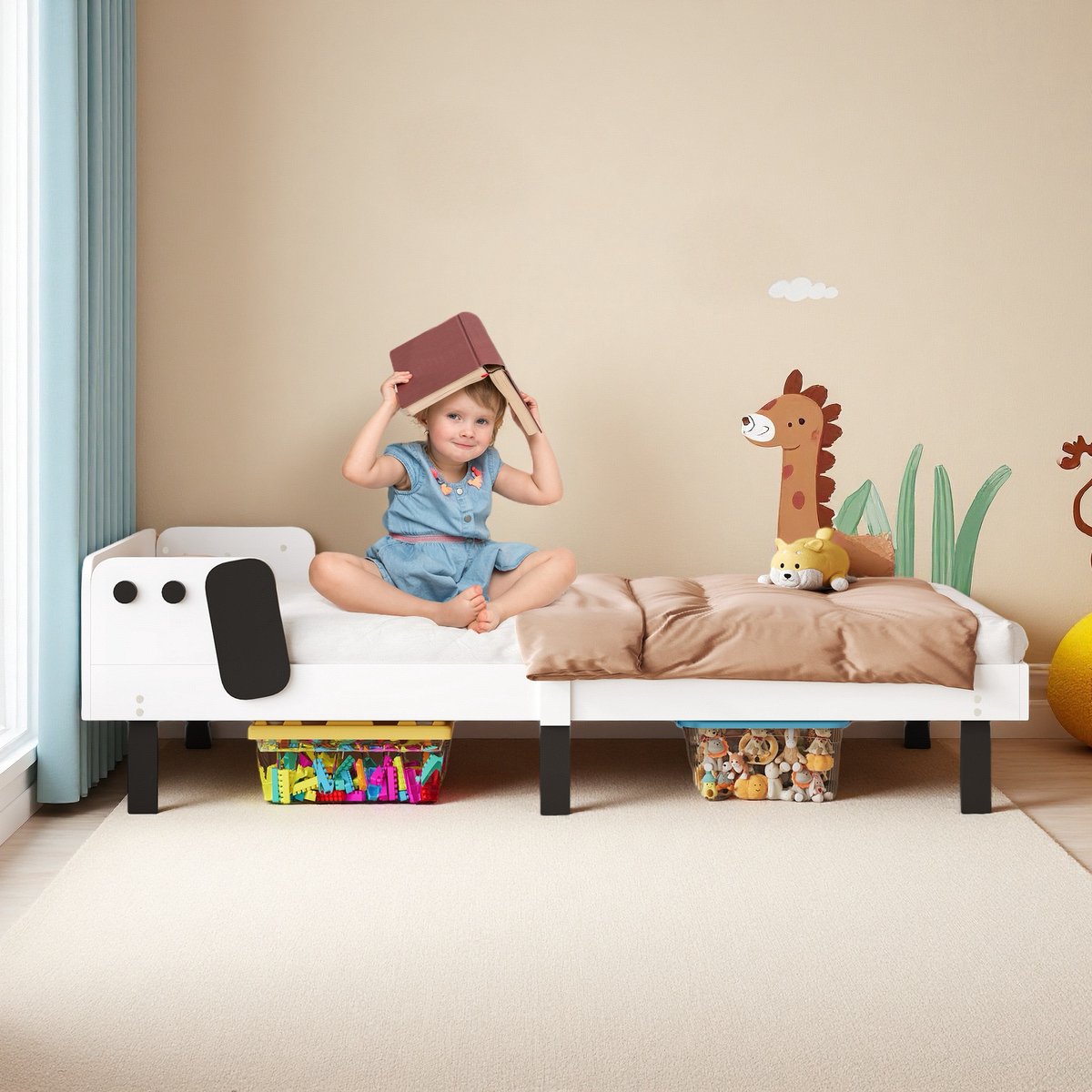 ROSAHQNDA Kinderbed 90x200 cm, schattig houten kinderbed, bed in de vorm van een puppy, platformbed, eenpersoonsbed, wit