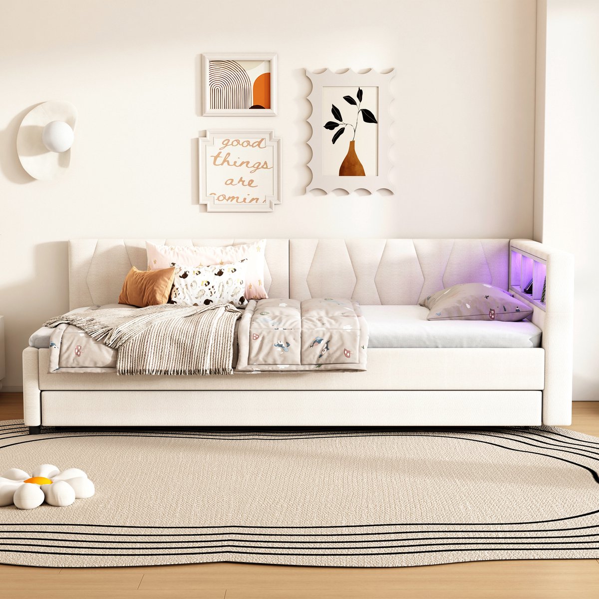 Wishdor Dagbed 90x200 cm – Met Uitschuifbed, LED & USB-C – Hoofdbord met Opbergvakken – Smart & Stijlvol – Linnen – Beige