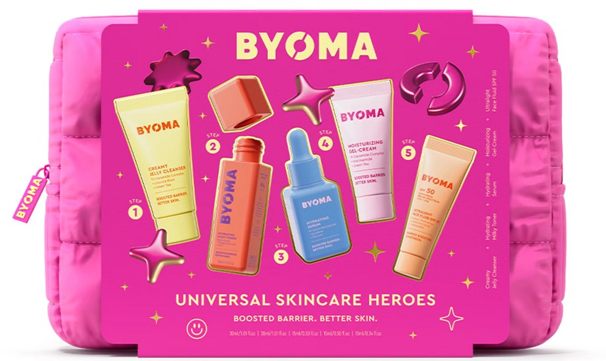 BYOMA Universal Skincare Heroes – 5-delige Reisset – Complete Huidverzorgingsroutine (Cleanser, Toner, Serum, Crème & SPF 50)