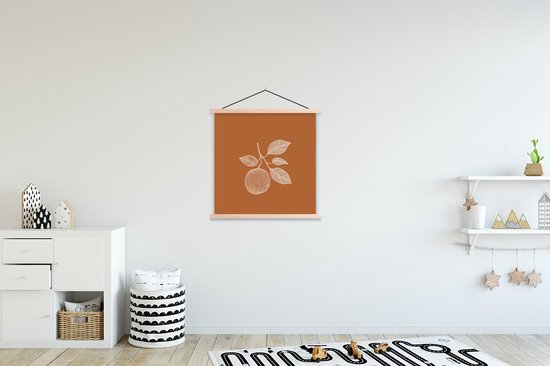 Posterhanger incl. Poster 60x60 cm - Schoolplaat - Sinaasappel - Getekend - Bladeren - Bruin - Textielposter - Blanke latten